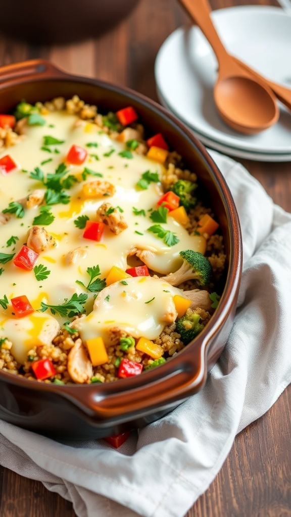A baked chicken quinoa casserole with cheese, bell peppers, and broccoli in a rustic dish, garnished with parsley.